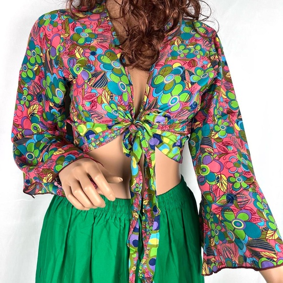 Open Front Tie Bell Sleeves Bohemian Blouse - Picture 5 of 7